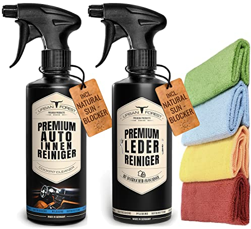 URBAN FOREST Auto Innenraumreiniger + Auto Leder Reiniger für Auto Lederpflege + 4 Mikrofasertücher Auto Reiniger Set für Innenraumpflege | Professionelle Auto Aufbereitung Made in DE