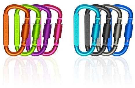 ODLY Locking Carabiner Clip - Durable Aluminum Alloy D-Ring Clips for Camping, Hiking, Traveling - Strong, Lightweight, and Secure Keyring Hook - Ideal for Outdoor Activities (8x Colorful)