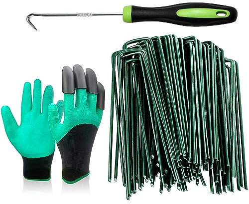 Bakulyor 200 Pack Grass Pins, 6 / 150mm Green Weed Membrane Mat Pegs, Metal Garden Landscape Staples, Ground Cover Fleece Fabric Artificial Barrier Pegs Accessories