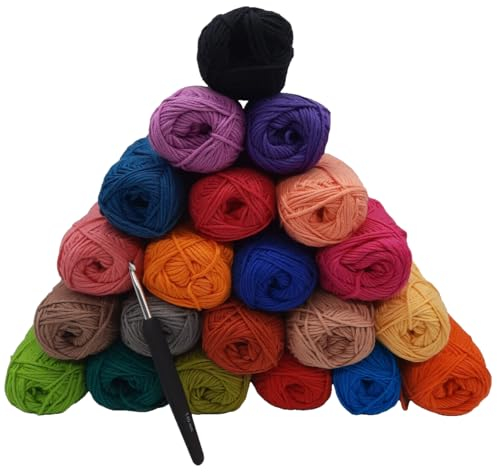 Baumwollgarn Häkelgarn und Strickgarn - 21x50gr (1050gr) - mit Häkelnadel - LL, 100m per 50gr - 85% Baumwolle, 15% Leinen - aus reiner Naturfaser