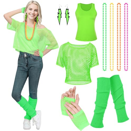 Matreeglam Ensemble de Survêtement 80s 90s pour Femmes et Hommes, Déguisement Rose, Costume de Plage Rétro de Mode avec Bandeau et Bracelets, Accessoires de Costume pour Carnaval et Halloween (Vert