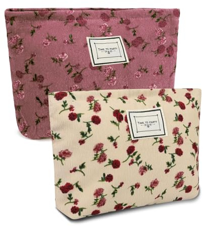 2pcs Floral Makeup Bags, Toiletries Bag for Women, Rose Flower Printing Corduroy Toiletry Bag - Large Capacity and Portable, Travel Makeup Bag Suitable for Ladies and Girls