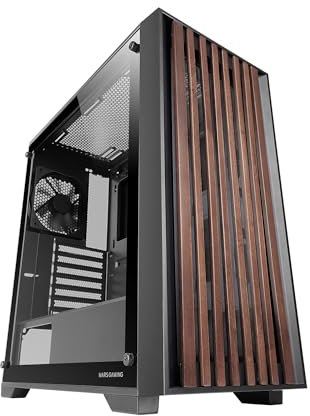 Mars Gaming MC-Wood, ATX-PC-Gehäuse, Holzfrontplatte, Seitliches Gehärtetes Glas, 120mm FDB-Lüfter, Flüssigkeitskühlung bis 360mm, Dual-Kammer, Kabelmanagement, Semi-Tower-PC, Schwarz