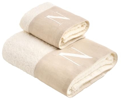 NELLA BIAGINI Set Asciugamani Bagno Viso e Bidet, con Iniziali Ricamate, Coppia Asciugamani Bagno, in Spugna di Cotone e Lino, 420 gr/mq, 110x60 cm + 60x40 cm, Made in Italy. Modello: Century