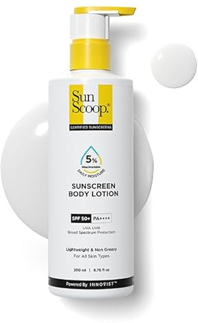 SunScoop 5% Niacinamide Daily Moisture Sunscreen Body Lotion SPF 50+ PA++++ | 24-Hours Moisturization | Reduces Pigmentation | Smoothens the Skin (200ml)