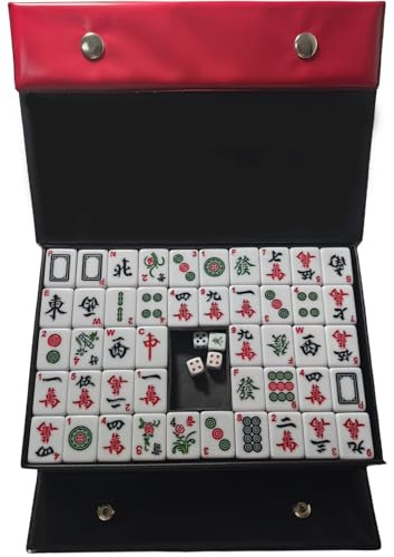 Set de Mahjong FOLLDALT, 144 pièces 3,0x2,25x1,7 cm Ensemble de tuiles Mahjong, set de Mahjong portable avec 3 dés, set de Mahjong format complet avec chiffres anglais pour voyage, fête, jeu en