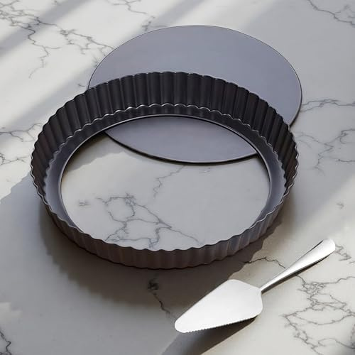 Yamteck 9 Inch Quiche Tart Pans with Pie Cake Server. Removable Bottom, Non-Stick Coating, Rugged Carbon Steel for Tart Quiche Baking. Gift for Women Wife Christmas Thanksgiving Party Festival Family