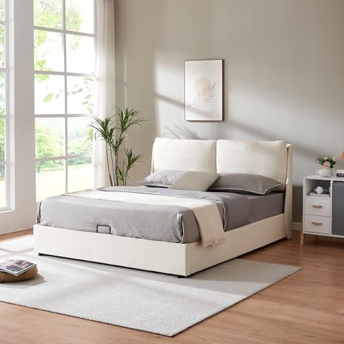 [en.casa] Struttura Letto Francese 140 x 200 cm con Zona di Riposo Ribaltabile e Contenitore Letto a 2 Piazze con Testiera Imbottita - Beige