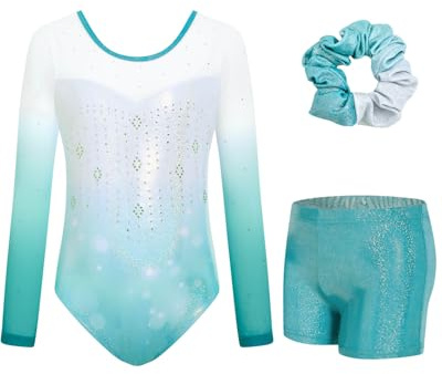 JiAmy Justaucorps gymnastique fille, Combinaison de Gymnastique à Manches Longues pour Fille avec Short et Serre-tête, pour Enfants de 3-12 Ans