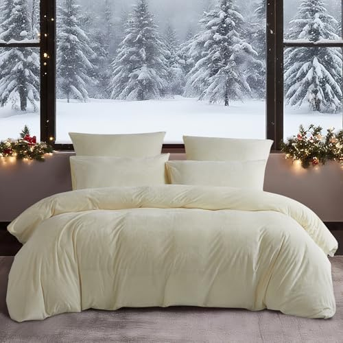 YASMENG Winter Bettwäsche 200x220 Beige Creme Warm Kuschelig Flauschige Bettwäsche Winter Weich Warme Samt Plüsch Fleece Flanell Bettbezug Set 3 Teilig mit Reißverschluss und 2 Kissenbezüge 80x80 cm