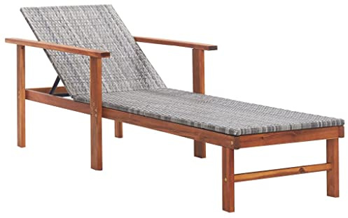 Lettino Prendisole in Polyrattan e Legno di Acacia, Design con Braccioli, Struttura Stabile, Sdraio da Giardino, Lettino da Spiaggia, per Piscina e Terrazzo, Colore Grigio, 200 x 55 x 56 cm