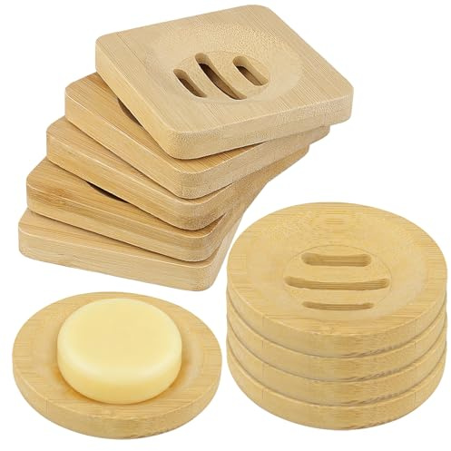 YIXNSW Set med 10 stycken tvålskålar i bambu, 8 x 1,5 cm kvadratisk och rund handgjord tvålhylla, naturligt trä tvålhållare för badrum dusch
