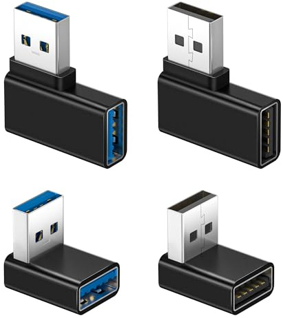Basesailor 90° USB 3.0 Adapter 4 Pack,L Form USB Förlängning | USB A hane till hona,vänster- och högervinklad för Laptop,PC,Typ A Laddare,Powerbank,CarPlay,Skrivare,Tangentbord,Hårddisk