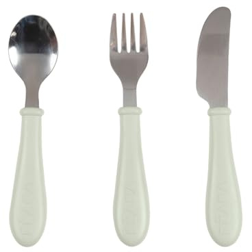 BÉABA, Set of 3 Stainless Steel Learning Cutlery – 2nd Stage, from 12 Months, Easy Grip for Baby, Blue Grey