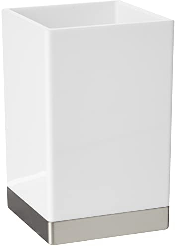 iDesign Clarity Bicchiere bagno, Contenitore bagno in plastica, bianco/argento opaco