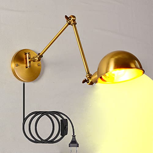 Vintage Wandlampe Innen mit Schalter, Wandleuchte Verstellbar Gold 2 Langer Arm mit Kabel Stecker Schlafzimmer Nachttischlampe Wand-Leselampe Schwenkbar Metall Schirm E27 Wandleuchtung Industriallampe
