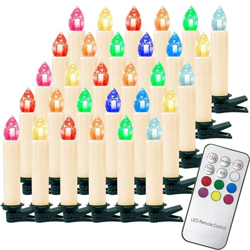 Gotoll 40 LED-julljus, RGB, färgglada julgransljus, trådlösa ljus med fjärrkontroll, timer, stearinljus, IP44 vattentät, dimbar, flimrande för julgran, juldekoration