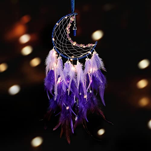 Dremisland Acchiappasogni Luna con Lucine Fatte a Mano con Colorate Piume Ciondolo Turchese Dream Catcher Appendere a Parete per Bambini Decorazione da Parete Camera da Letto di Casa (Puro viola)