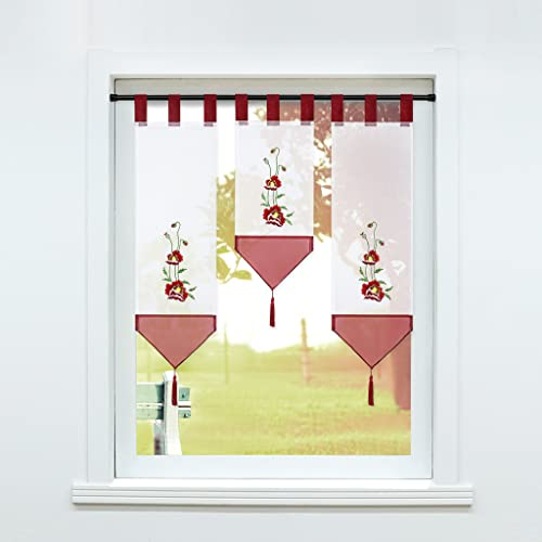 SCHOAL Scheibengardinen Set 3-teilig Bistrogardinen Küche Gardinen mit Schlaufen Panneaux mit Quaste Lamellen Gardine Transparent Vorhang Bestickt Rot 3 Stück (BxH20x50cm + BxH20x70cm*2)