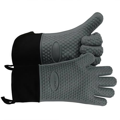 GEEKHOM Guantes Cocina, XL Guantes Horno, Manoplas para Barbacoa Asado BBQ, Resistentes al Calor hasta 230℃ con Silicona Antideslizantes Impermeable, 35.56cm Largo para Proteger El Antebrazo -Gris