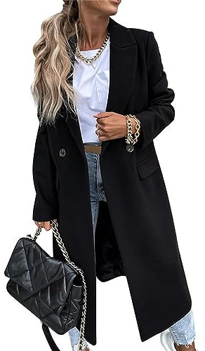FRESQA Cappotto lungo di lana da donna autunnale Cappotto nero da donna moda retrò Cappotto a maniche lunghe Cappotto blu Cappotto casual da strada invernale da indossare