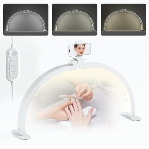 Lampe Demi Lune Onglerie, 29'' 42W Lampes Extension de Cils avec Support de Téléphone, Lampe de Bureau Demi-Lune pour Esthéticiennes, Techniciens des Ongles et Esthéticienne, 3000K-6500K (Blanc, 73CM)