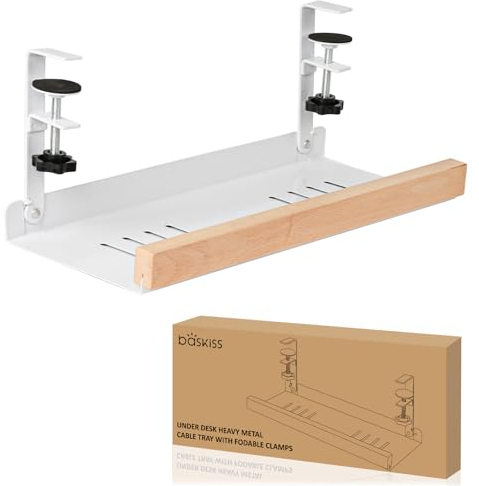 Baskiss Under Desk Cable Management Tray, 39.5cm Under Desk Cord Holder for Wire Management, Solid Wood and Heavy Sheet Metal Power Strip Organizer for Desks, Offices and Kitchens (White)