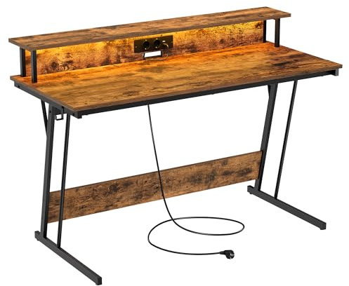 VASAGLE Bureau Gaming avec LED et Multiprise, Table Gamer, Bureau Informatique avec Rehausseur d’Écran, pour 2 Ordinateurs, pour Chambre, 55 x 135 x 76 cm, Marron Rustique LWD117K01