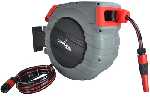 LEHMANN Wand-Schlauchbox 35 m + 2 m, Automatischer Schlauchaufroller, Schlauchtrommel für Flexible Gartenbewässerung, Wandmontage, inkl. 35 m Gartenschlauch, 3/4, 1/2 Kupplungen und Sprinkler
