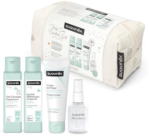Suavinex, Baby Necessär i tyg, presentset för nyfödda med kosmetika: Schampo Gel 100 ml fuktgivande lotion 100 ml blöjkräm 75 ml baby cologne 50 ml reseformat, beige drömmar