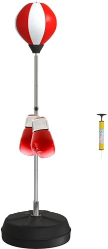 HOMCOM Sac de Frappe sur Pied Punching Ball sur Pied réglable en Hauteur 126-144 cm avec Gants, Pompe et Base de lestage pour Adolescents et débutants Rouge