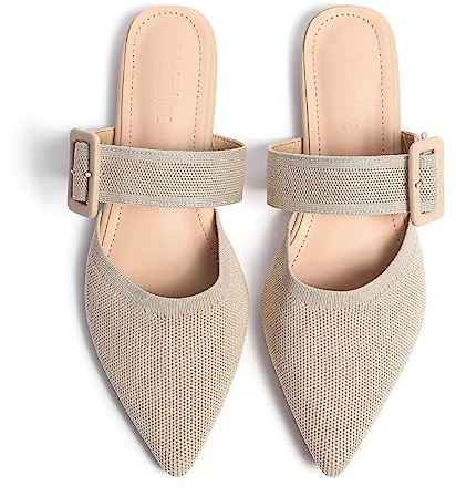 Meknitva Pointed Toe Mules for Women Flats，Slip On Mules Backless，Wide Width Mules， Mule Slides for Women Flats Sandals Beige Size 9