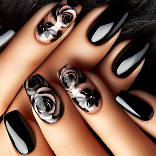 Cosmeria 24 Stück Schwarze Rosen Press On Nägel Mittlere Länge Glänzend Acryl Künstliche Nägel Mit Gel Kleber Für Frauen Mädchen