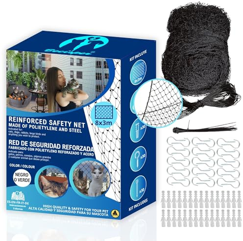 BECISPER - Rete per Gatti Rinforzata - Disponibile 2 Misure e Colori a Scelta - Rete per Gatti terrazza - Rete per Gatti finestre - Rete di Sicurezza per Gatti e Bambini (Nero, 8x3m)