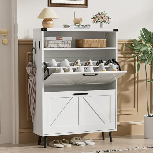 BonVache Schuhschrank Schmal, Schuhregal mit 2 Klappen, Schuhkipper mit 4 Ablageflächen, Schuhkommode mit offenem Stauraum, Schuhaufbewahrung Holz, 80x24x113,5 cm, Weiß