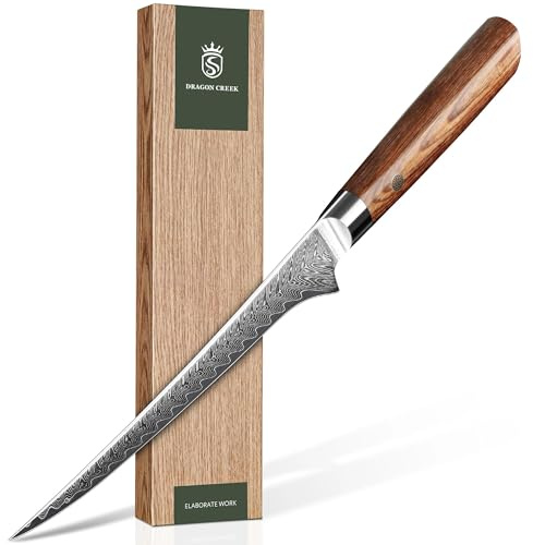 Dragon Creek Cuchillo Deshuesador 19 cm, Acero Damasco, Cuchillo de Precisión para Carne y Pescado, Mango Ergonómico de Madera, Ideal para Preparación en Cocina