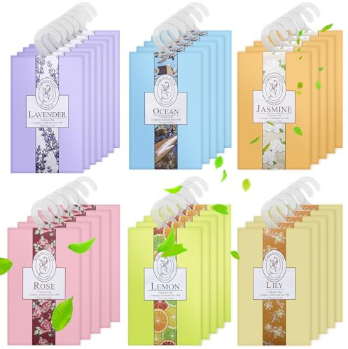 32 Pcs Wardrobe Fresheners with Hanging Sachets, Drawer Freshener Containing 6 Different Natural Fragrances, Scented Sachets for Wardrobes, Cars, and Drawers