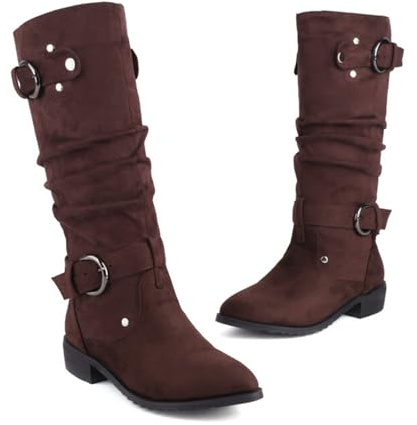 KUHAOFEU Biker Mid Calf Boots Slouchy Riding Stivali di Vitello Larghi Tacco Basso Pelliccia Foderato Inverno Pull On Booties,Marrone,37 EU