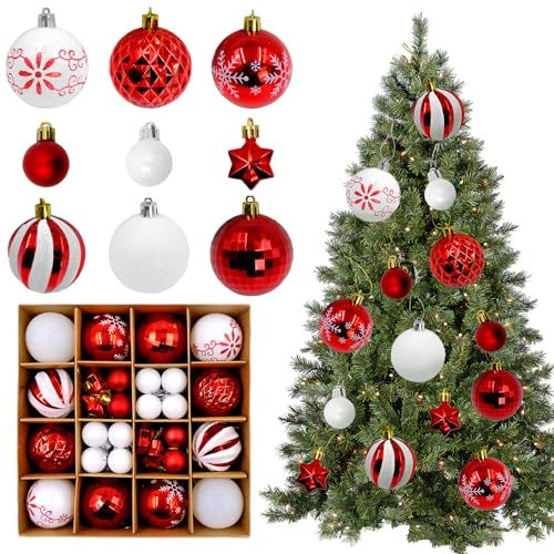 JJYHEHOT Kunststoff Weihnachtskugeln, 44 Stück Bruchsicher Christbaumkugeln, Weihnachtsbaumkugeln Set in Rot Weiß für Indoor Outdoor Weihnachtsbaum Deko ∅ 3 & 6 cm