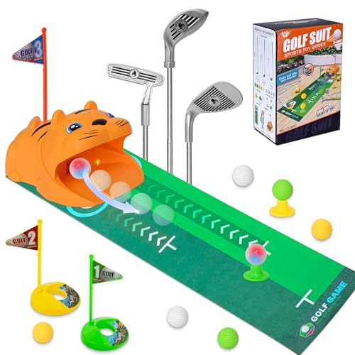 ASSRECT Jeux de Golf pour Enfants avec Clubs Rétractables & Retour Automatique Tigre, 3 Clubs, 8 Balles, Jouet d'Intérieur et d'Extérieur pour Filles et Garçons 3-8 Ans(Orange)