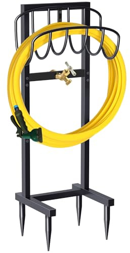 Supporto per tubo da giardino autoportante con rubinetto in ottone e 4 punte, in metallo, resistente, per il montaggio a rack, per la conservazione del prato, colore: nero