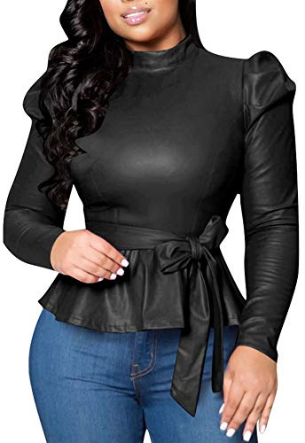 acelyn Women's Matte Mock Neck Turtleneck Long Sleeve Faux Leather Shirts Blouse Top with Belted Black S