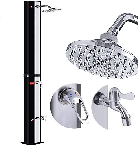 HENGMEI Solardusche 35 Liter Solar Gartendusche Außen Pooldusche mit Fußdusche und Regenduschkopf Regulierbare Wassertemperatur max. 60°C (Schwarz+Silber)