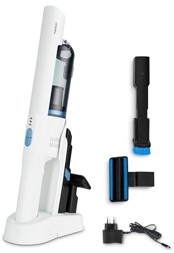 MEDION Handstaubsauger (Akku, kabellos, BLDC-Motor, Mini Staubsauger für Auto, HEPA-13 Filter, Filterung von Staub und Allergenen, Starke 20 kPA Saugleistung, Ladestation, MD12057) weiß