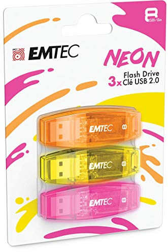 EMTEC Chiavetta USB 2.0 C410 Flash Drive da 8 GB, lettura 5 Mb/S, scrittura 15 Mb/S, compatibile con USB 2.0, USB 3.0, trasparente al neon con cappuccio, confezione da 3