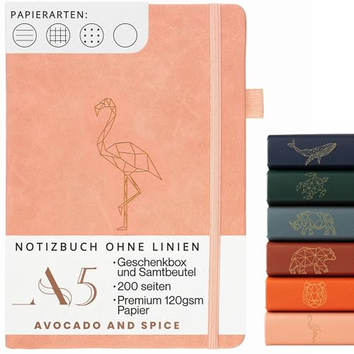Ritblock A5 vanlig pappersanteckningsbok av Avocado and Spice® med presentask och sammetspåse – A5 vanlig anteckningsbok – resedagbok skissbok – inbunden dagbok för kvinnor och män (rosa, blank)