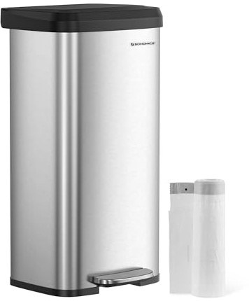 SONGMICS Kitchen Trash Can, 18-Gallon Stainless Steel Garbage Can, with Stay-Open Lid and Step-on Pedal, Soft Closure, Tall, Large and Space-Saving, Silver and Black ULTB520E68