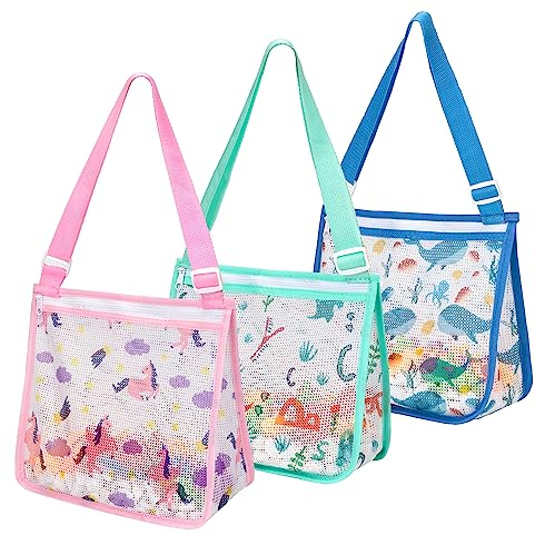Borsa da Spiaggia per Bambini e Bambine Riutilizzabile Borsa Porta Giochi Spiaggia Anti-sabbia Borsa Rete Portatile per Sabbia Nuotare Viaggio Giocattoli Set di 3 (B)