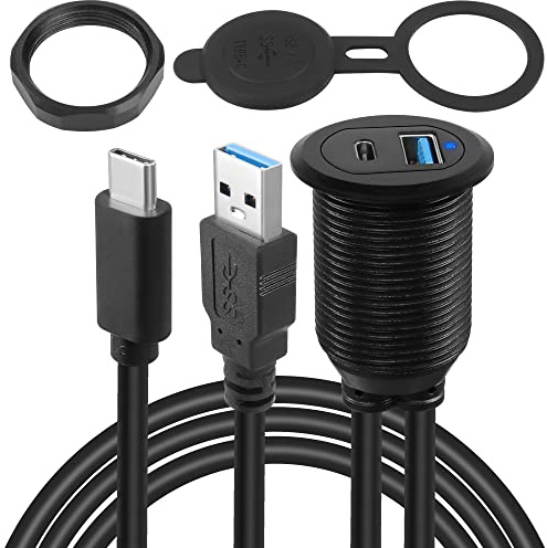 QIANRENON USB C & USB3.0 Embedded Coche Impermeable Cable 10Gbps USB C 3.1 & USB3.0 Roscada Fija Montaje Cable,Soporte PD65W 4K vídeo, Luz LED, Aluminio Carcasa, para Coche Barco Moto, 2m/6.5ft