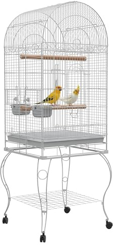 PawHut Jaula de Pájaros con Ruedas Jaula de Aves Exterior con Bandeja Extraíble Rejilla 2 Cuencos de Acero Inoxidable Estante y Percha para Periquitos 51x51x153 cm Blanco